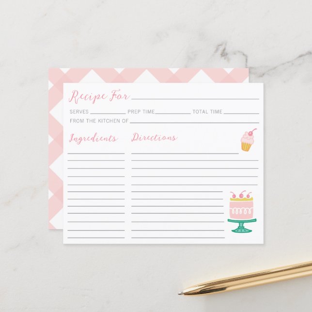 Carte de recette de gâteau rose Preppy (Devant/Arrière en situation)