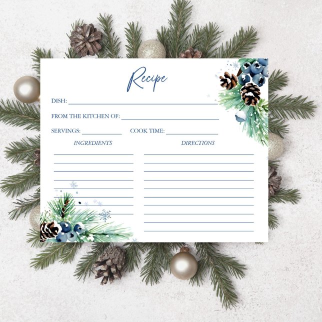 Carte de recette de la douche nuptiale hivernale (Snow in love winter bridal shower recipe card snowy pines with pine cones and winter berries)