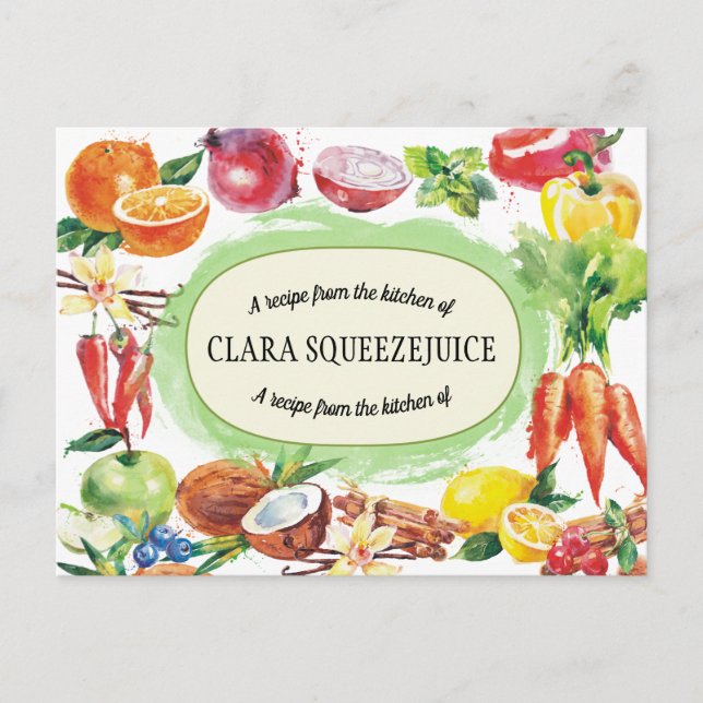 carte de recette de légumes de fruits d'aquarelle (Devant)