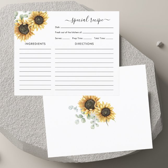 Carte de recette de mariage au tournesol Eucalyptu (Sunflower Eucalyptus Bridal Shower Recipe Card)