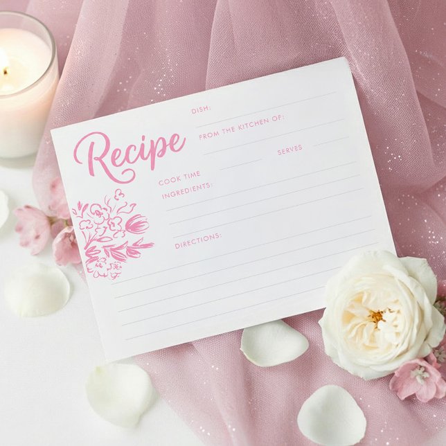 Carte de recette de mariage fantaisiste rose (Pink Whimsical Hand Drawn Floral Bridal Shower Recipe Cards)