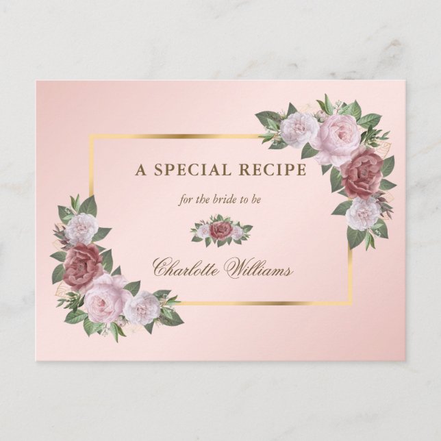 Carte de recette de mariage floral or rose pâle po (Devant)