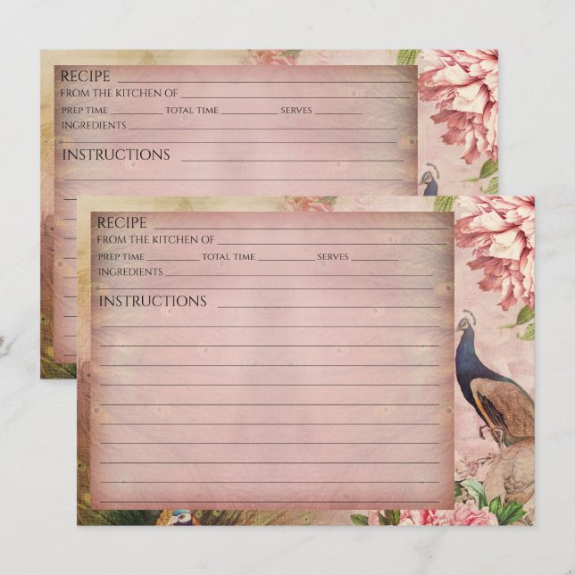 Carte de recette de mariée Peacock Peony Blush Chi (Devant / Derrière)