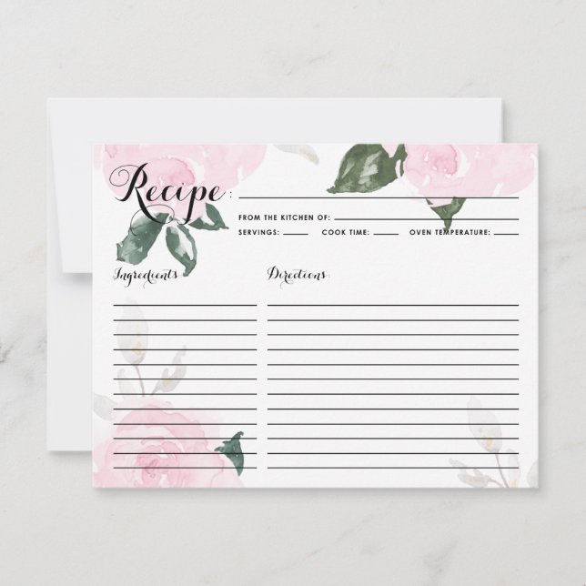 Carte de recette de roses à l'aquarelle rose doux (Devant)