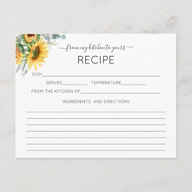 Carte de recette de tournesol d'aquarelle (Devant)