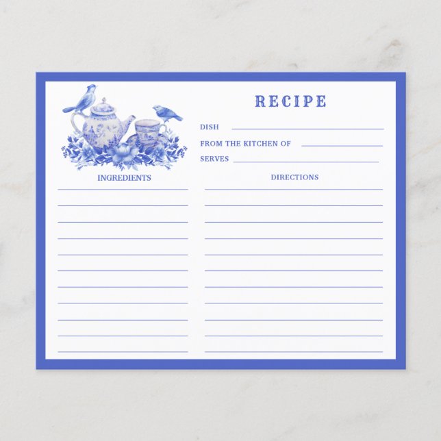 Carte de recette du set de thé floral bleu et blan (Devant)