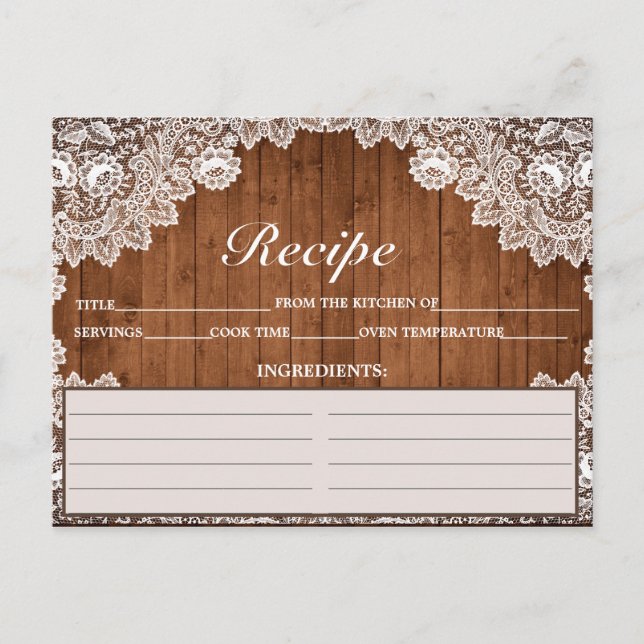 Carte de recette en bois rustique et dentelle blan (Devant)
