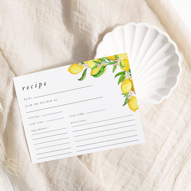 Carte de recette Fête des mariées citron aquarelle (Watercolor Lemon Bridal Shower Recipe)