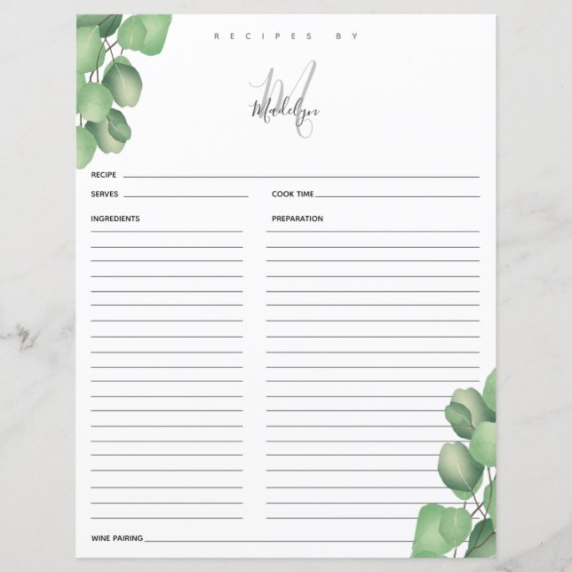 Carte de recette Fête des mariées Eucalyptus (Devant)