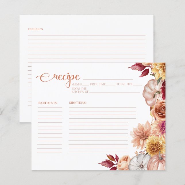 Carte de recette Fête des mariées florale automne (Devant / Derrière)