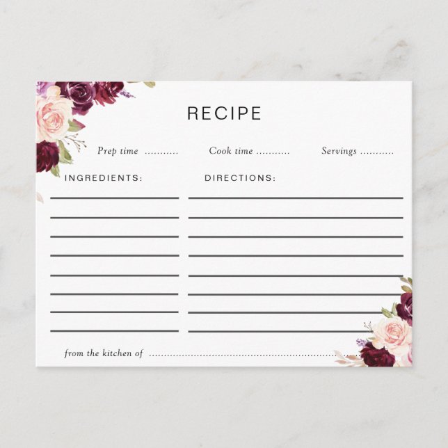 carte de recette fleurie prune pourpre et pêche (Devant)
