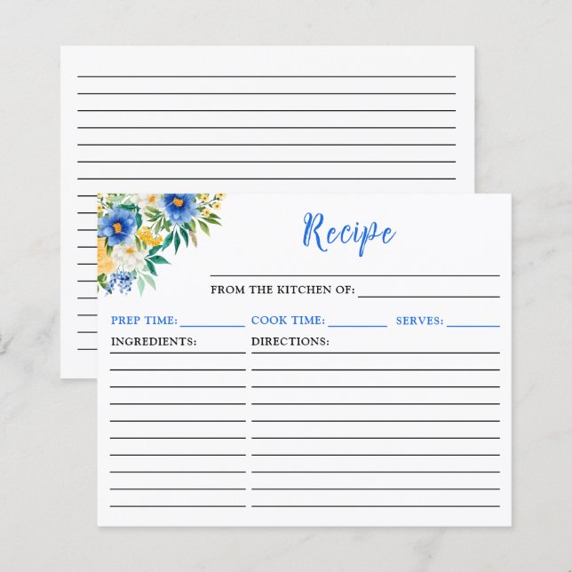 Carte de recette Floral bleu et jaune (Devant / Derrière)