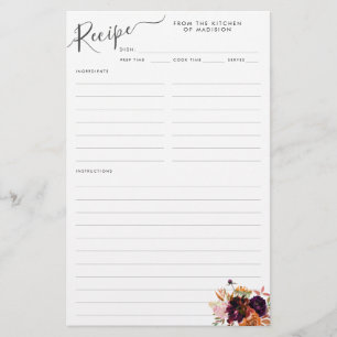 Carte de recette Floral Bourgogne Magenta Purple