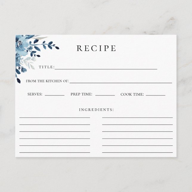 Carte de recette florale botanique bleu poussiéreu (Devant)
