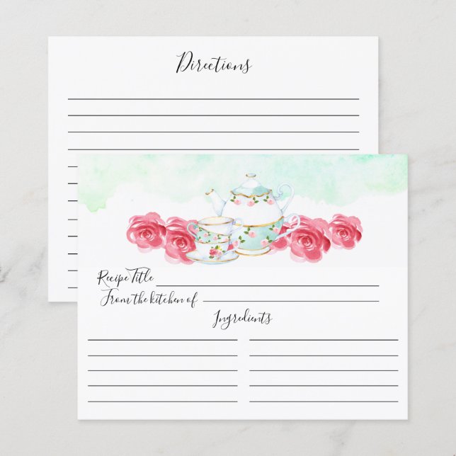 Carte de recette florale de thé d'aquarelle (Devant / Derrière)