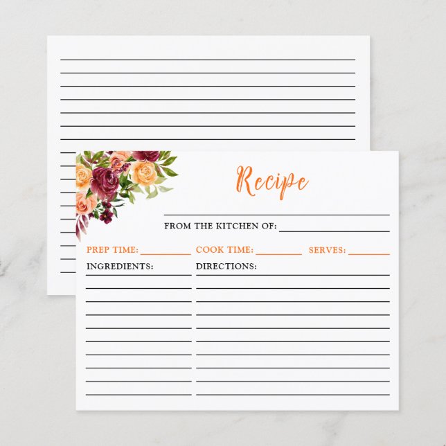 Carte de recette Florale Orange Burgundy Automne (Devant / Derrière)