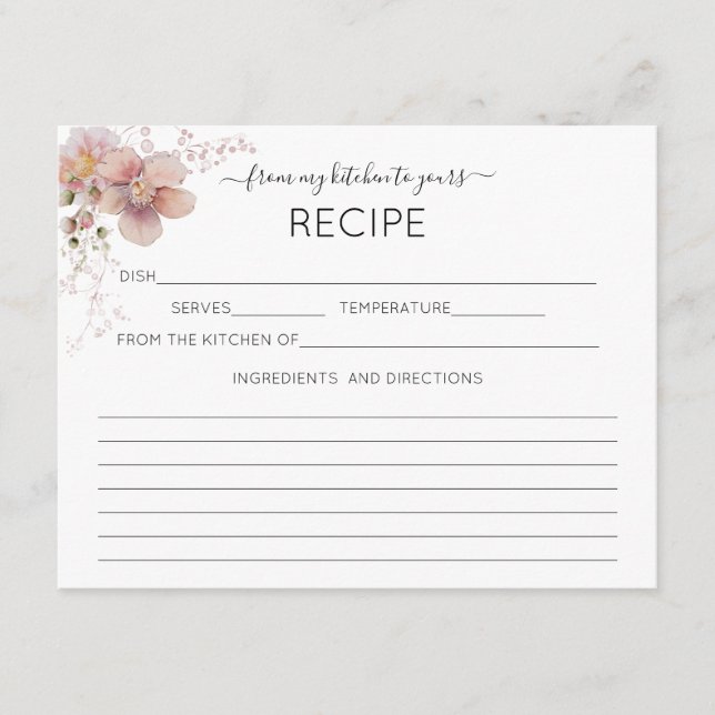 Carte de recette florale rose Aquarelle (Devant)