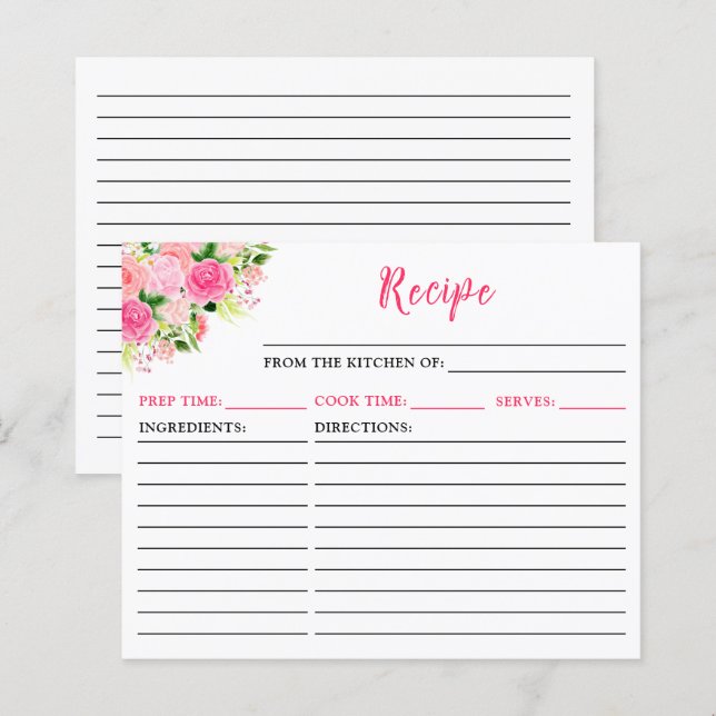 Carte de recette florale rose Roses (Devant / Derrière)
