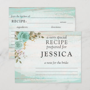Carte de recette florale turquoise en bois rustiqu