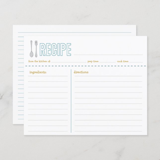 Carte de recette jaune bleu fourche et cuillère (Devant / Derrière)