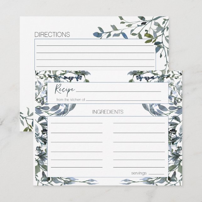 Carte de recette Mariage fleuri vert argent Sage (Devant / Derrière)