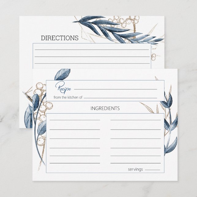 Carte de recette Mariage Floral Moderne Blue Gold (Devant / Derrière)