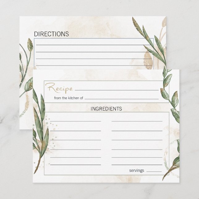 Carte de recette Mariage Floral Vert Gold Sage (Devant / Derrière)