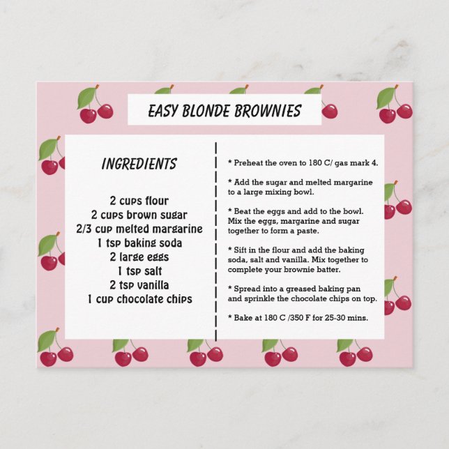 Carte de recette personnalisée pour Motif de ceris (Devant)