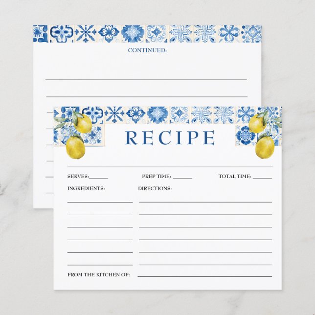 Carte de recette pour mariée en carreaux bleus cit (Devant / Derrière)