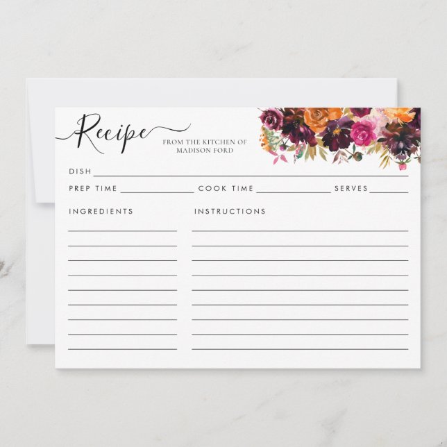 Carte de recette rose florale moderne Burgundy Ter (Devant)