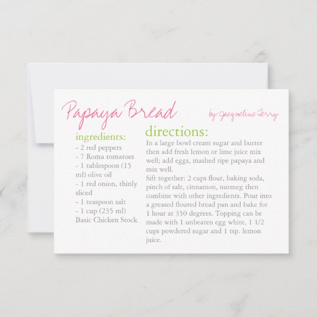 Carte de recette | Votre Recette Rose Vert (Devant)
