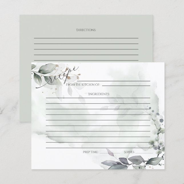 CARTE DE RECETTES | Aquarelle rustique Dusty Green (Devant / Derrière)