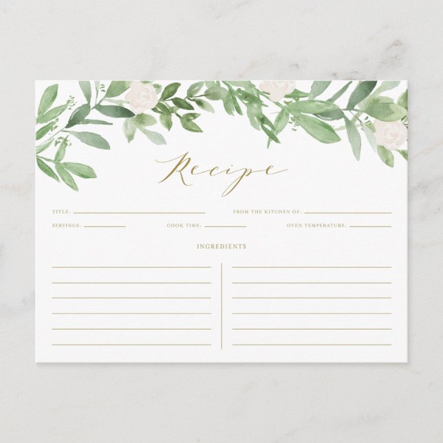 Carte de recettes Aquarelle verte et Fleurs blanch (Devant)