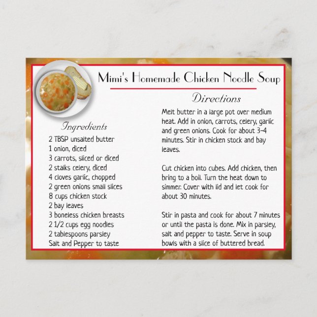 Carte de recettes de soupe de nouilles de poulet d (Devant)