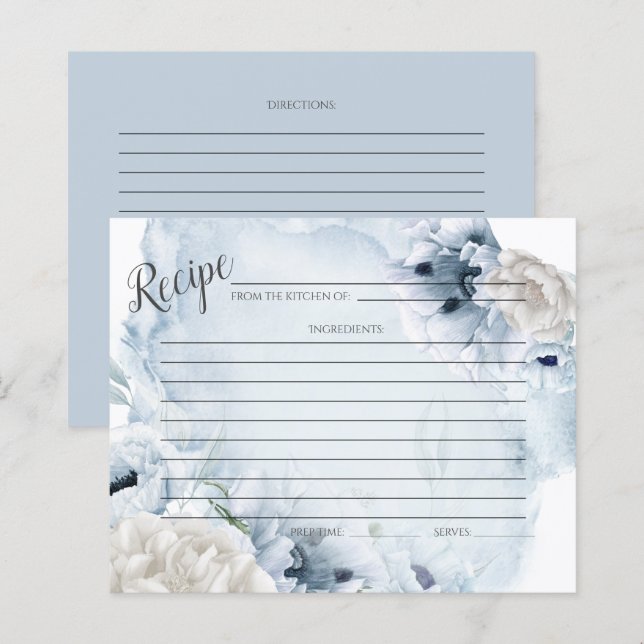 CARTE DE RECETTES | Fleurs bleues rustiques aquare (Devant / Derrière)