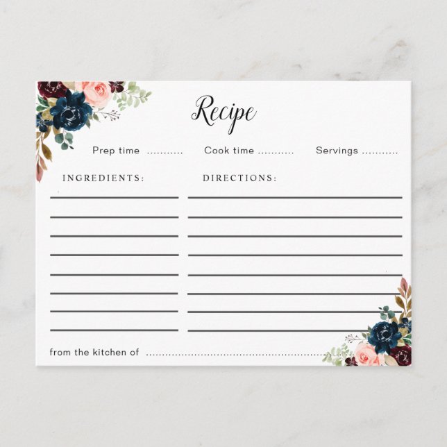carte de recettes florales bleu marine bordeaux et (Devant)