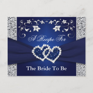 Carte de recettes Navy Blue, Silver Floral Hearts 