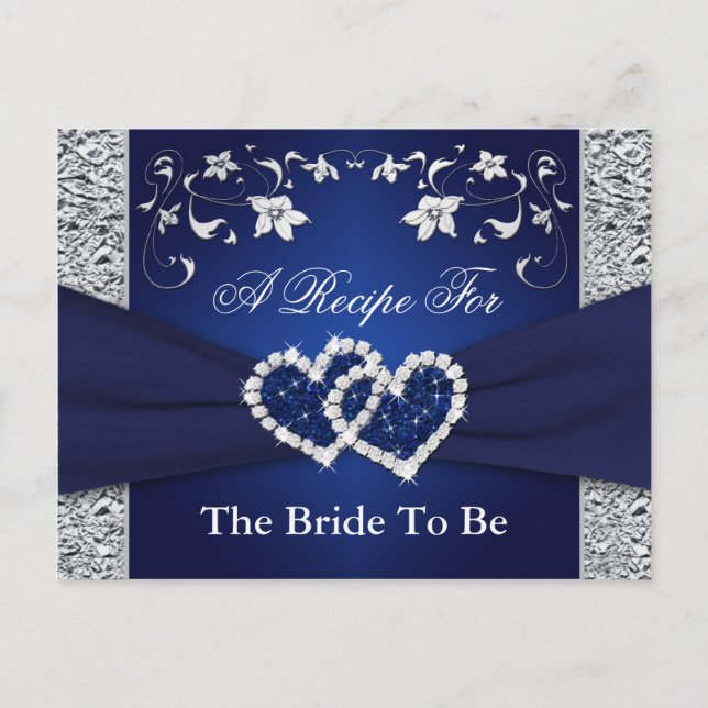 Carte de recettes Navy Blue, Silver Floral Hearts (Devant)