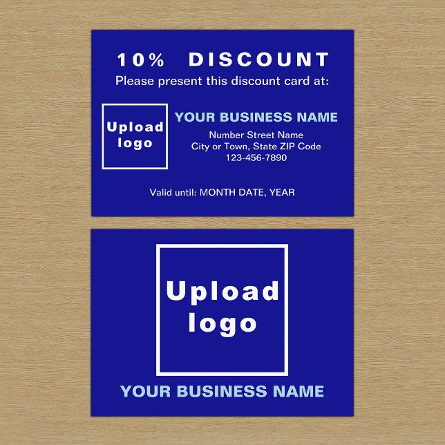 Carte de réduction bleue pour entreprise (Front and back sides of blue discount card for your business. Attract more customers or clients.)