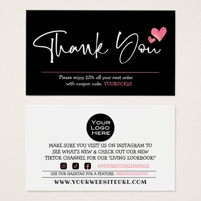 Carte de réduction client Merci Scipt & Heart & He (Devant & derrière)