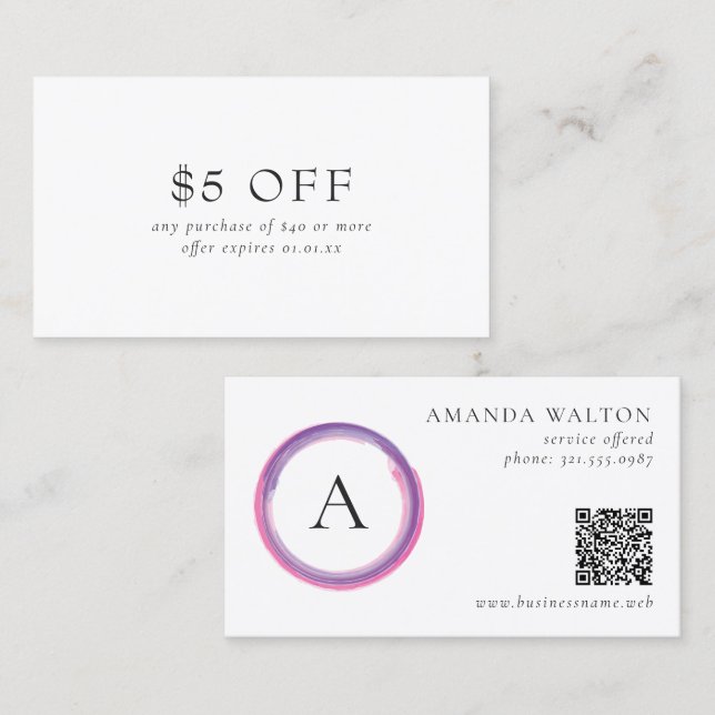 Carte De Réduction Code QR Monogramme Moderne Rose et Violet (Devant / Derrière)