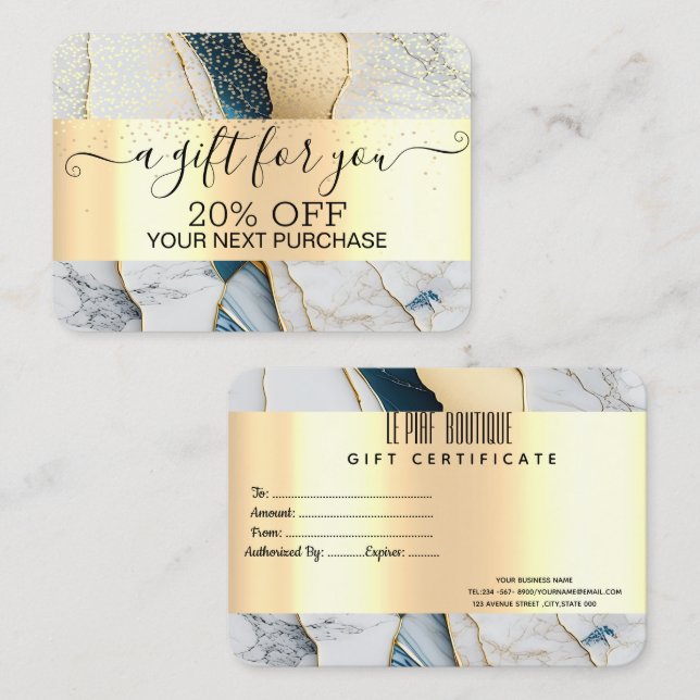 Carte De Réduction Confetti en or chic, Or en marbre (Devant / Derrière)