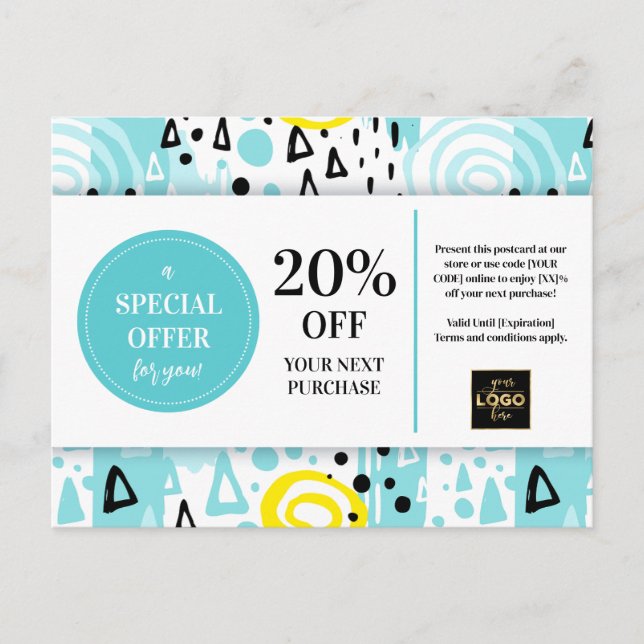 Carte de réduction Coupon Jaune Bleu Motifs Abstra (Devant)