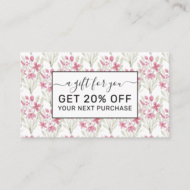 Carte De Réduction Elégante Fleurs rose Sage Vert Aquarelle Florale (Devant)