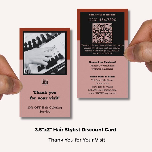 Carte De Réduction Liste de cheveux rose noir et rouge Merci fidélité (Hair Stylist Pink Black & Red Thank You Loyalty Discount Card; Standard Size: 3.5x2 Inch (US))