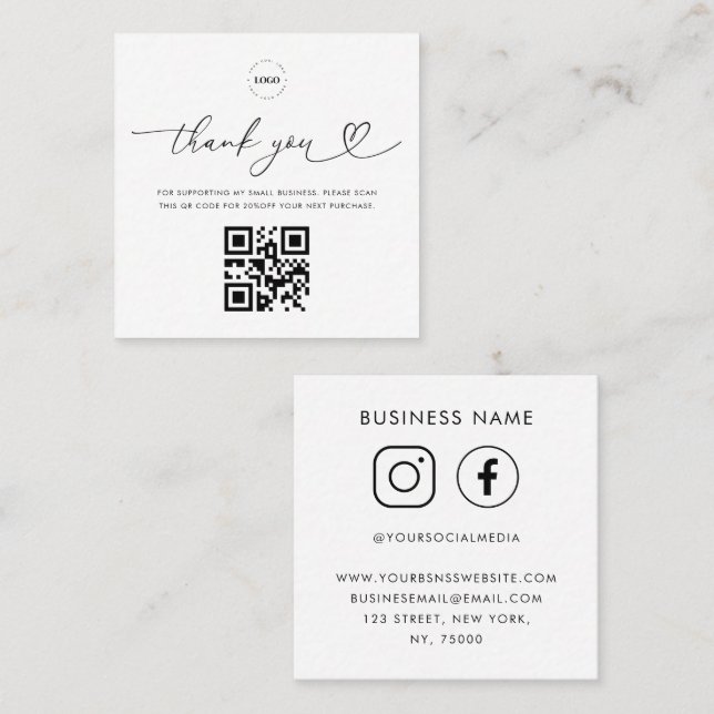 Carte De Réduction Logo en Merci blanc Code QR personnalisé Petite en (Devant / Derrière)