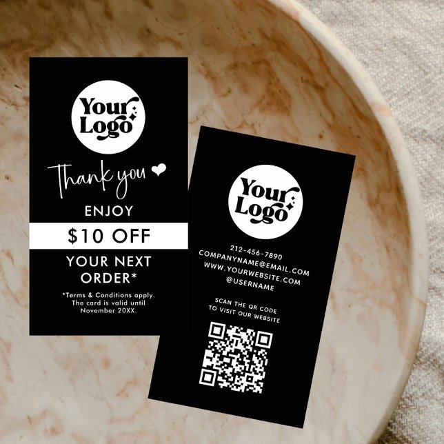 Carte De Réduction Merci Commande logo commercial QR Code noir vente  (Créateur téléchargé)