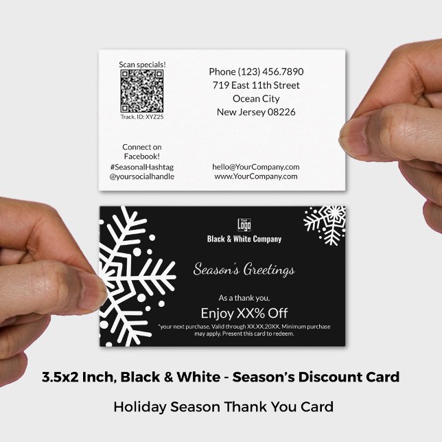 Carte De Réduction Merci de salutations saisonnières noir et blanc (Black & White Seasonal Greetings Thank You Discount Card; Size 3.5x2 Inch (US))