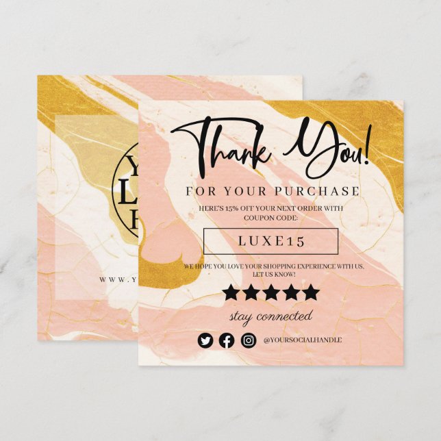 Carte de réduction Merci en marbre rose et or (Devant / Derrière)