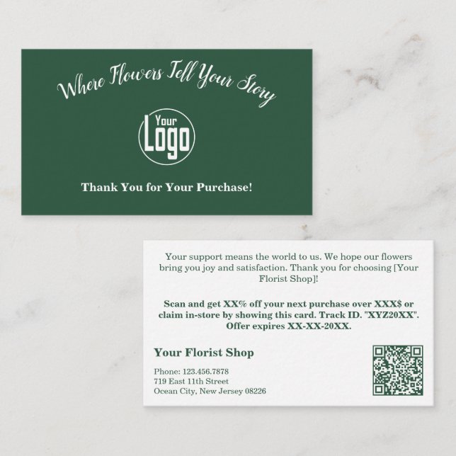Carte De Réduction Merci Pour Votre Achat Fleuriste Vert (Devant / Derrière)